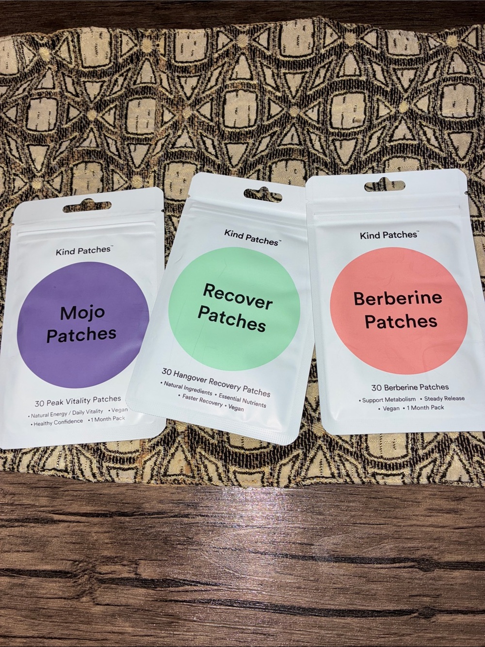 Kind Patches Trio — Mojo (Purple), Recover (Green), Berberine (Coral)